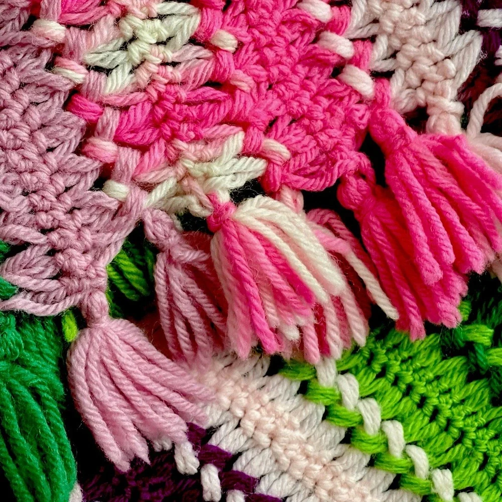 Handmade Crochet Blanket Vibrant Pink‎ Green Purple Stripes Unique Pattern 46x78
